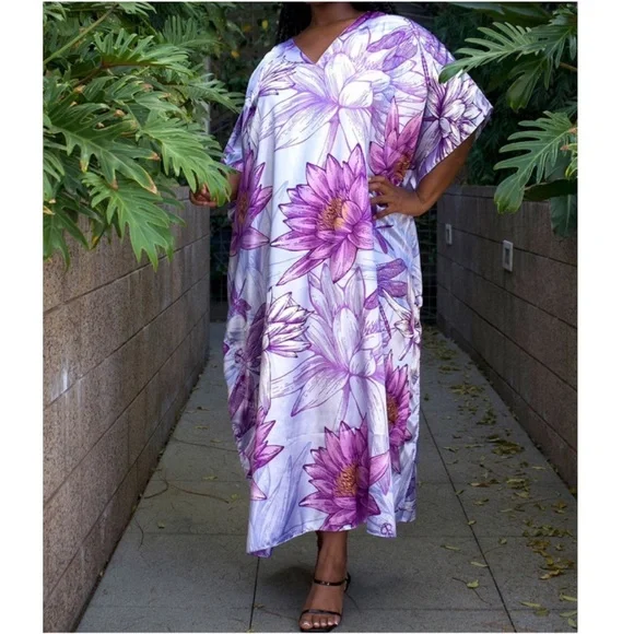 CARESS PURPLE FLORAL MIX S-3XL LOUNGE ROBE COVERUP DRESS CAFTAN KAFTAN - Picture 3 of 4